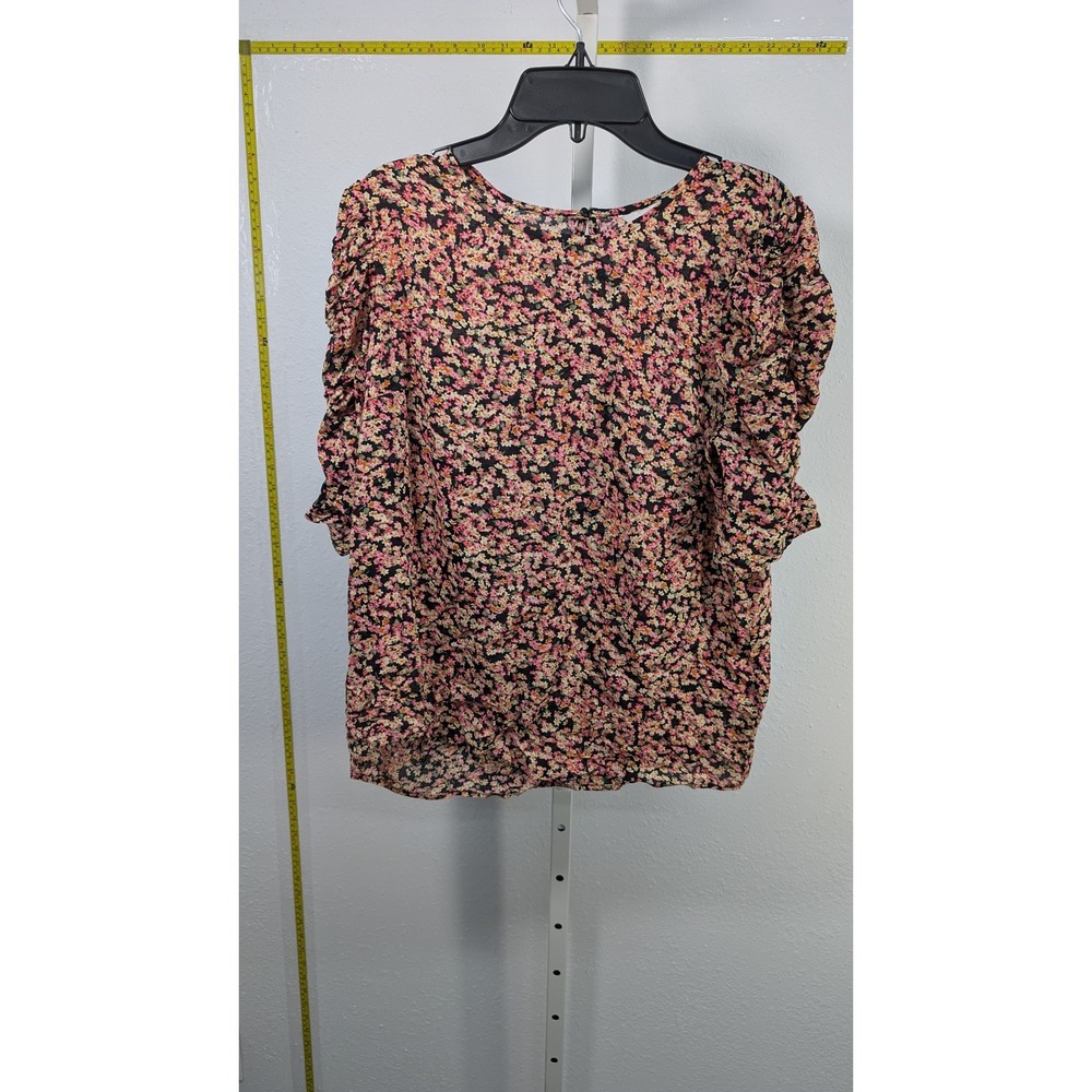 HM Womens Small Floral Ruched Puff Sleeve‎ Blouse Black Pink Ditsy Print Top